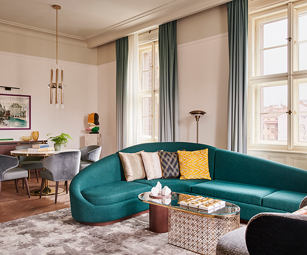 Hotel room with couch